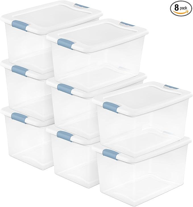 Sterilite 8 Pack Latching Box, 64 Qt Plastic Storage Container, Stackable Large Home or Office Tote Organizers with Secure Lids, White
