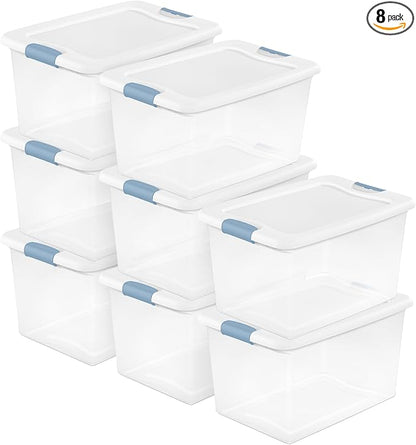 Sterilite 8 Pack Latching Box, 64 Qt Plastic Storage Container, Stackable Large Home or Office Tote Organizers with Secure Lids, White