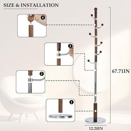 Wood Coat Rack Freestanding, Natural Coats Tree Stand with 14 Hooks, 73" Sturdy and Easy Assembly Coat Rack Stand for Entryway, Hallway, Bedroom, Bags, Hats (Metal Disc Base, Cherry Swivel Hook)