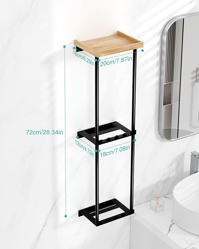 HapiRm Towel Racks for Bathroom Storage - No Drill Wall Mounted Towel Holder with Shelf and 6 Hooks, Rolled Towel Storage Bath Towel Organizer for Small Bathroom, Camper, Rv - Black