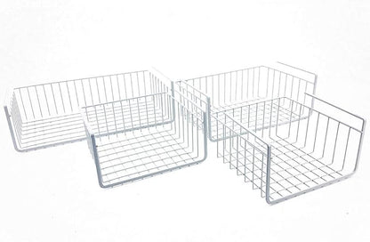 Modern Home Under Shelf Wire Storage Baskets – Hanging Organizer Rack for Cabinet, Pantry, or Closet – White Metal Basket for Kitchen, Towels, or Office – No Tools Required (Set of 4)