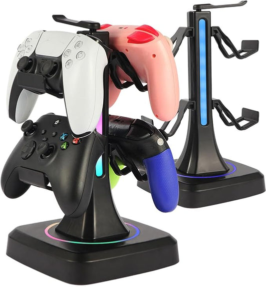 Controller Headset Stand with 10 Color Light Modes - RGB Headphone Holder for PS5, Xbox, Switch - Gaming Room Decor, Desk Organizer for Gamers