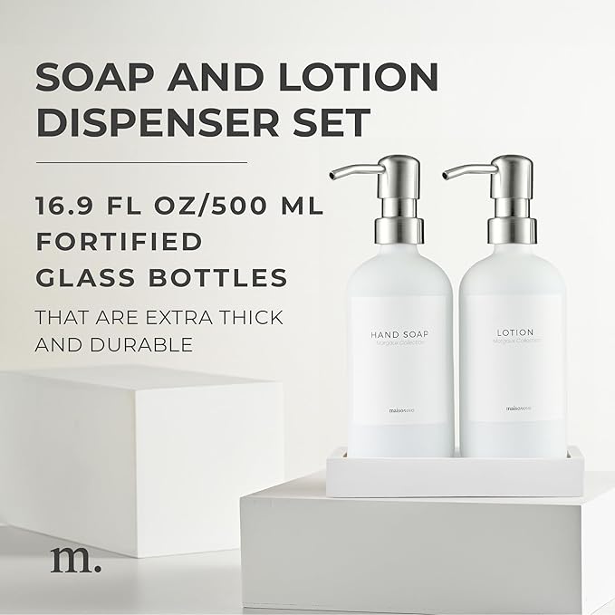 MaisoNovo Soap Dispenser 3-Piece Set | 16.9oz White Bottles Silver Plastic Pumps with Ceramic Tray