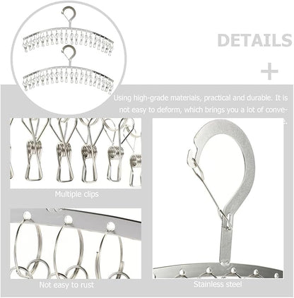 PRETYZOOM 2 Pack Laundry Drying Rack with 20 Clips, Stainless Steel Clothes Hanger, Windproof Drying Rack for Socks, Underwear, Scarves, Diapers