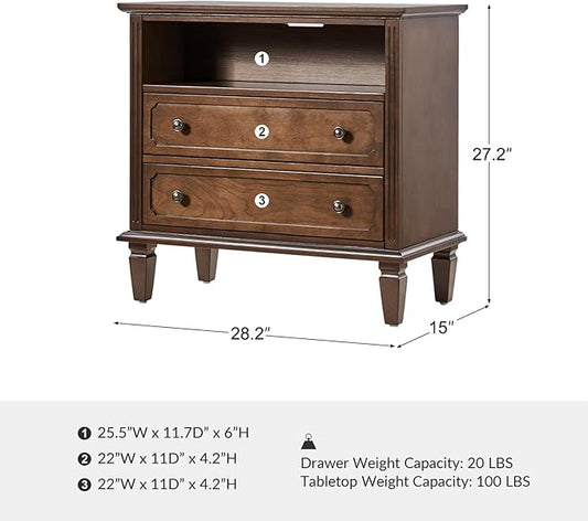 HULALA HOME Farmhouse End Table with Charging Station, End Table with USB Ports & Outlets, Fluted Pilasters Design Side Table with Open Space and 2 Drawers Dresser for Living Room, Walnut