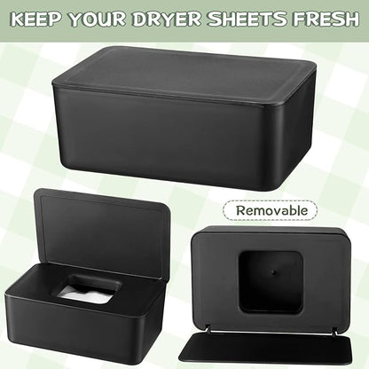 Dryer Sheet Holder with Hinged Lid,Plastic Dryer Sheet Dispenser Container Storage Box Fabric Softener Sheets Holder for Laundry Room Decor(Black)