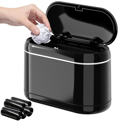 Mini Trash Can for Desk with 5 Rolls of Trash Bags, Small Press-Top Countertop Garbage Bin, Removable Waste Basket for Bedroom, Vanity, Coffee Table, Kitchen (Black Full-Lid)