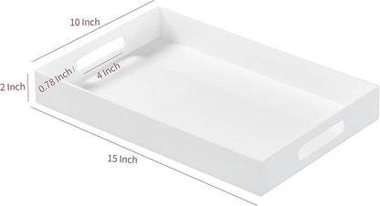 Glossy White Acrylic Serving Tray with Handles-Lucite Tray for Ottoman,Coffee Table, Breakfast, Tea, Food, Butler - Decorative Tray (10x15x2H Inch with, White)