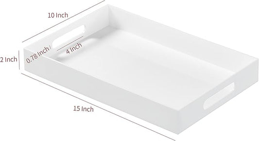 Glossy White Acrylic Serving Tray with Handles-Lucite Tray for Ottoman,Coffee Table, Breakfast, Tea, Food, Butler - Decorative Tray (10x15x2H Inch with, White)