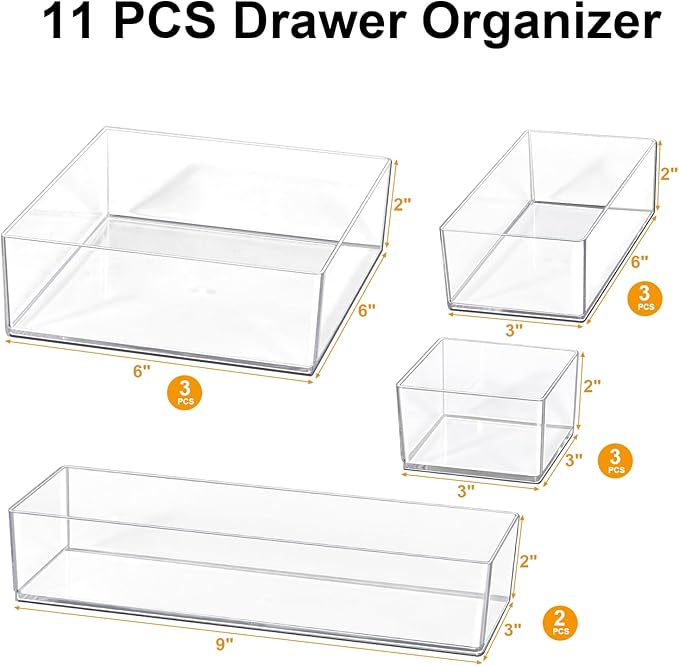 Recogwood Stackable Acrylic Drawer Organizer Set, 11 PCS Multi-Size Storage Bins for Makeup, Office Desk, Bathroom, Vanity and Kitchen Utensils