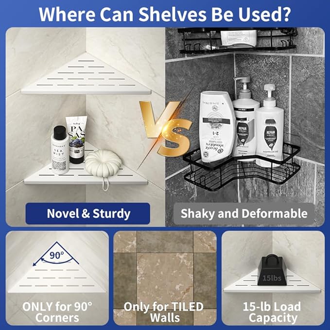 Bernkot Corner Shower Shelf, 304 Stainless Steel with Slot Design for Bathroom Storage, Grout in Shelf for Tiled Wall (White, 10"-2 Pack)