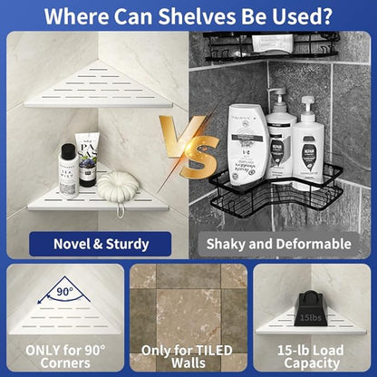 Bernkot Corner Shower Shelf, 304 Stainless Steel with Slot Design for Bathroom Storage, Grout in Shelf for Tiled Wall (White, 10"-2 Pack)