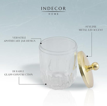 Indecor Home Clear Transparent Apothecary Vertical Wavy Glass Jar With Gold Metal Lid Cover for Bathroom Organization, Cotton Balls, Q Tips, and Small Accessories, Bathroom Storage