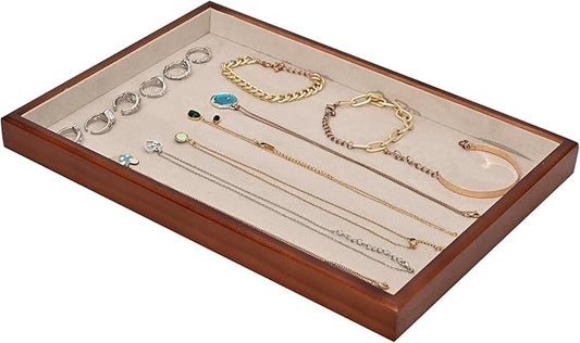 Elegant Wood Flat Jewelry Tray – 14"x9.5" Velvet Lined Display Organizer for Rings, Bracelets, Necklaces – Classic Wooden Storage for Vanity, Dresser, Countertop, White&Brown