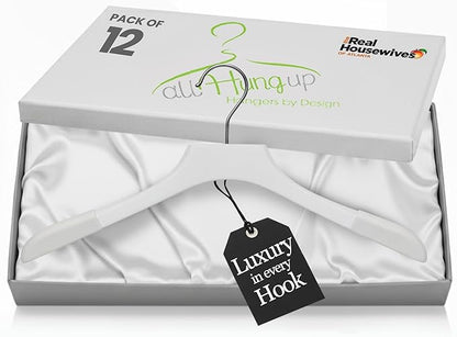 All Hung Up Hangers - Premium Luxe Wooden Hangers for Women, Wide Shoulder Design for Dresses, Skirts, Sweaters & Blouses, Heavy Duty with Velvet Grip, White with White Velvet, 12 pcs