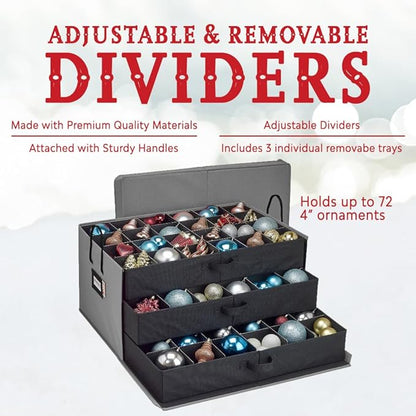 HOLDN’ STORAGE Christmas Ornament Storage Box with Dividers, Holds Up to 72 Ornaments (4 Inches), Large Organizer with 3 Stackable Trays - Gray