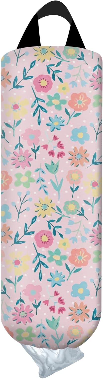 Plastic Bag Holder, Wall Mount Grocery Bag Organizer, Funny Hanging Trash Storage Dispenser for Home Kitchen Cute Pink Floral