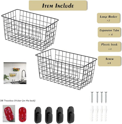 2 Pack【Extra Large】Hanging Kitchen Basket,Wire Storage Basket,with Traceless Tape and 3M High-Strength Plastic Hooks,no Drilling,for Cabinet Storage,Kitchen,Bathroom,Storage Room,large capacity