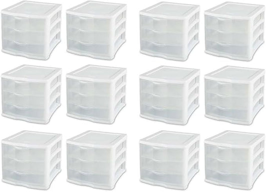 Sterilite ClearView Compact Stacking 3 Drawer Storage Organizer System for Crafting Supplies, Home Office, or Dorm Room, (12 Pack)