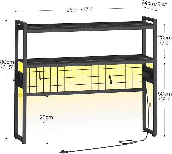 HOOBRO Desktop Bookcase, 2-Tier Desktop Organizer, 37.4" Wooden Office Storage Rack with Outlets, Display Shelf Rack with Light Strip, Desk Hutch for Office, Black BB13UDSJ01