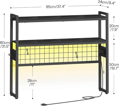 HOOBRO Desktop Bookcase, 2-Tier Desktop Organizer, 37.4" Wooden Office Storage Rack with Outlets, Display Shelf Rack with Light Strip, Desk Hutch for Office, Black BB13UDSJ01