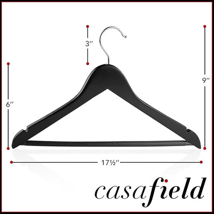 Casafield - 10 Black Wooden Suit Hangers - Premium Lotus Wood with Notches & Chrome Swivel Hook for Dress Clothes, Coats, Jackets, Pants, Shirts, Skirts