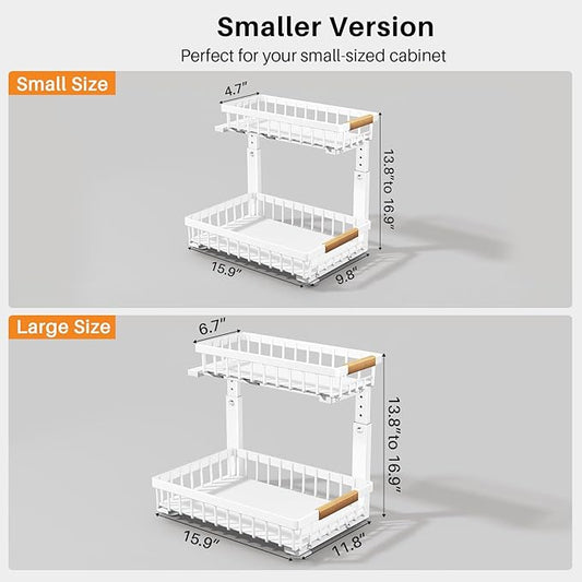 PXRACK 1 Pack Under Sink Organizer,Adjustable Height,2 Tier Pull Out Under Cabinet Organizer,Slide Out Thickened Metal Under Sink Storage for Kitchen Bathroom Laundry Cabinet Pantry,White(S)