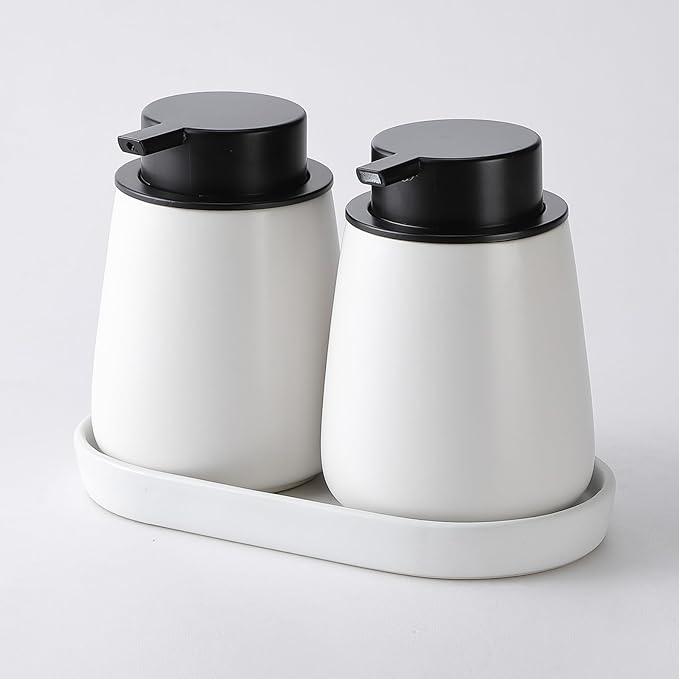 Eyrozia White Round Soap Dispenser Tray - 8'' Ceramic Vanity Tray for Bathroom Decorative, Jewelry Ring Dish, Comestic Holder, Kitchen Sink Countertop Organizer Plate