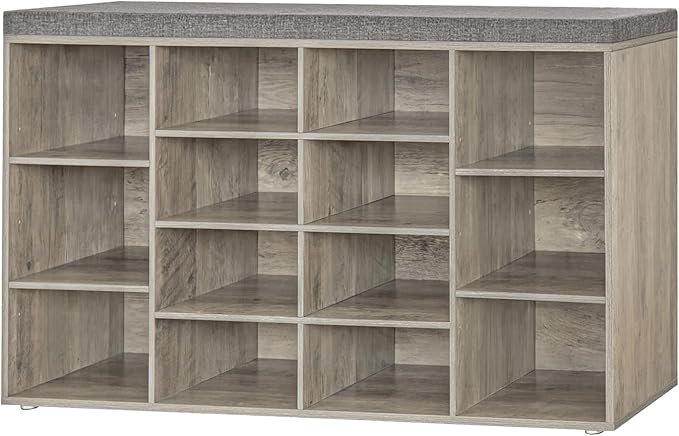 DINZI LVJ Shoe Storage Bench with Cushion, 14-Cubby Shoe Rack, Adjustable Shelves, Multifunctional Shoe Organizer Bench for Entryway, Mudroom, Hallway, Living Room, Bedroom and Garage, Gray Wash