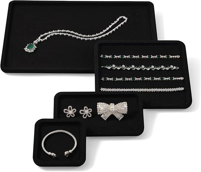 Woodten Microfiber Jewelry Display Flat Tray for Rings Earrings Necklace Bracelet, Jewelry Photograph Display Catchall Organizer Tray Dish(L,Black)
