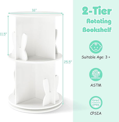 Costzon Kids Rotating Bookshelf, 2 Tier Small Book Shelf with Bookends, 360° Display Spinning Bookshelf Tower, Corner Bookshelf for Small Space, Kids Room, Bedroom, Nursery (White)