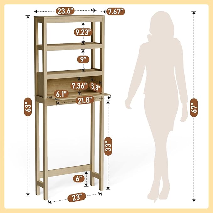 GORZING Over The Toilet Storage Cabinet, 3-Tier Behind Toilet Bathroom Organizer, Wooden Above Toilet Storage Shelf with Rattan Door, Space Saver for Restroom, Bathroom, Laundry