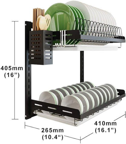 junyuan Kitchen Dish Rack,Hanging Dish Drying Rack Organizer Storage Shelf Over Sink,2 Tier Wall Mount Bowl Holder with Drain Tray and Silverware Stainless Steel Black Coating Ajustable Height