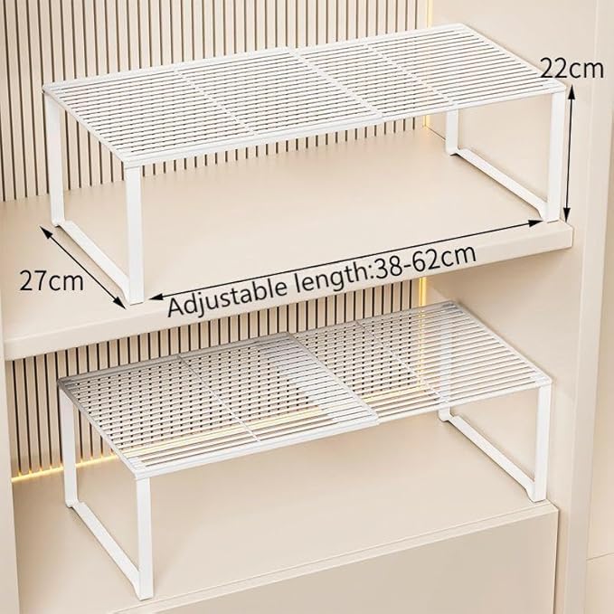 HGZBS Extendable Metal Wire Shelf Organizer - Adjustable 15-24.4in Length, Stackable Storage Rack for Kitchen/Pantry/Bathroom/Shoe Cabinet/Tool Closet (1, White)