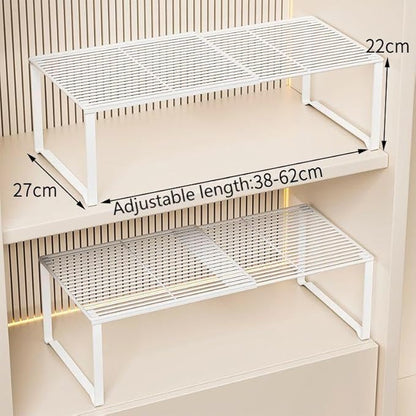HGZBS Extendable Metal Wire Shelf Organizer - Adjustable 15-24.4in Length, Stackable Storage Rack for Kitchen/Pantry/Bathroom/Shoe Cabinet/Tool Closet (1, White)
