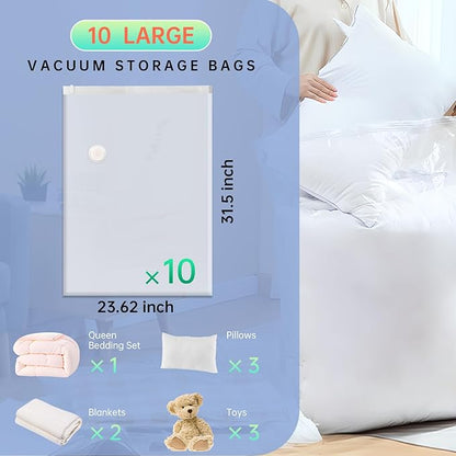 10 Large Vacuum Storage Bags, Vacuum Seal Bags for Clothing, Pillows, Comforters, Blankets, Space Saver Bags with Electric Pump