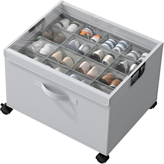 HOUSE AGAIN Shoe Organizer for Closet, Shoe Storage Boxes with 360° Wheels, Sturdy Metal Frame Fits up to 16 Pairs, Boots&Shoes Cubby Storage Containers with Adjustable Dividers and Clear Cover