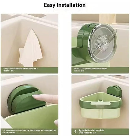 Suction Cup Sink Corner Rack – Triangular Basket with Drain, Self-Cleaning Strainer & Sponge Holder, No-Drill Wall Storage (Yellow)