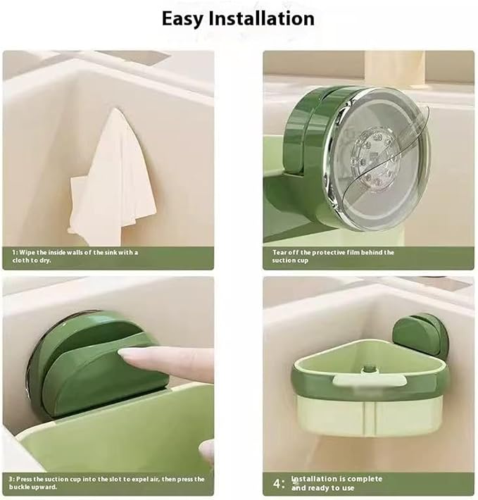 Suction Cup Sink Corner Rack – Triangular Basket with Drain, Self-Cleaning Strainer & Sponge Holder, No-Drill Wall Storage (Green)