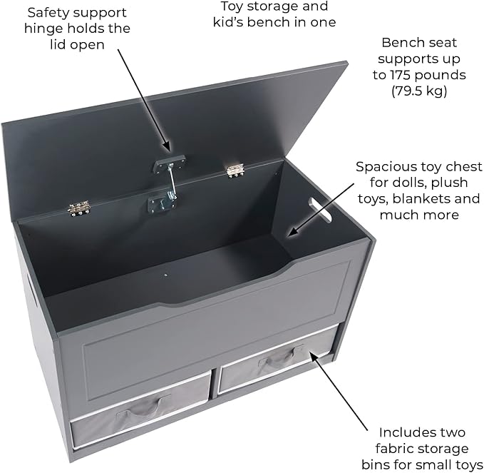 Badger Basket Toy Box and Storage Bench - Chest and Seat Combo with 2 Reversible Baskets, Safety Hinge Lid - Kids Toy Organizer for Playroom or Bedroom - Charcoal