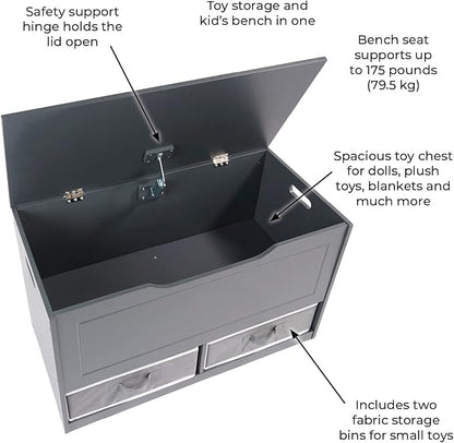 Badger Basket Toy Box and Storage Bench - Chest and Seat Combo with 2 Reversible Baskets, Safety Hinge Lid - Kids Toy Organizer for Playroom or Bedroom - Charcoal