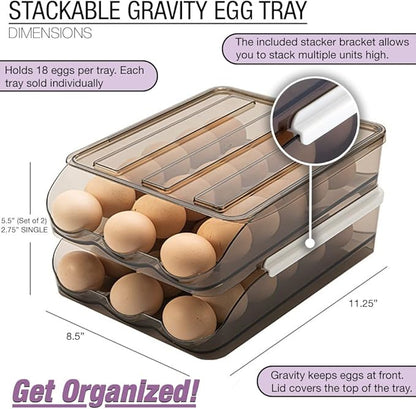 OnDisplay Stackable Acrylic Gravity Egg Tray Holder for Fridge - Food-Safe PET Refrigerator Storage Bin for Eggs (Brown, Set of 3 Trays)
