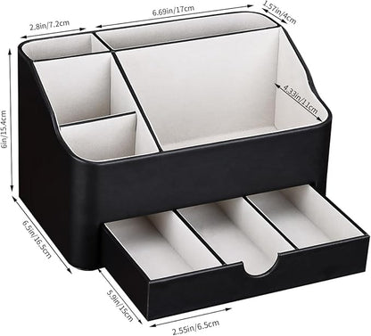 KINGFOM Leather Makeup Organizer with Drawer, Cosmetic Storage for Dresser Countertop and Bathroom Vanity, Beauty Holder for Lipstick Brush Skincare (Black)