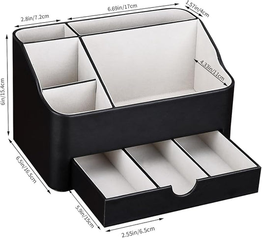KINGFOM Leather Makeup Organizer with Drawer, Cosmetic Storage for Dresser Countertop and Bathroom Vanity, Beauty Holder for Lipstick Brush Skincare (Black)