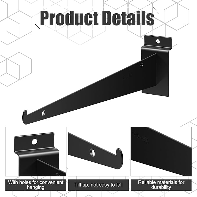 Oudain 12" Slatwall Shelf Bracket with Lip Heavy Duty Slat Wall Brackets Bulk Floating Metal Slatwall Accessories for Shelving Display Garage Kitchen Mounting Supplies(Black,10 Pcs)