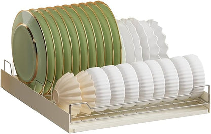 Pull-Out Cabinet Dish Drying Rack - Dish Drying Rack Stainless Steel 2-Tier Kitchen Organizer for Plates Bowls, Under-Counter Space Saving Storage Rack, Adjustable（White）