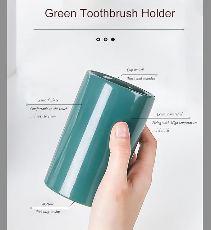 AHUDKKY Green Ceramic Toothbrush Holders, Electric Toothbrush Holder for Toothbrushes and Toothpaste,Tumbler Cups Reusable Toothbrush Mouthwash Cup(300ml)