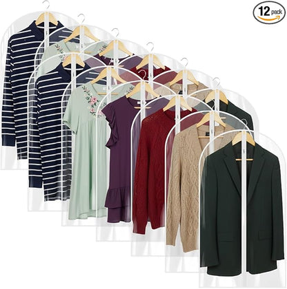 40” All Clear Garment Bags for Travel - PEVA Waterproof Suit Cover with Zipper for Hanging Clothes, Dresses, Coats - Durable Dresser for Closet Storage, Dustproof & Moisture Resistant - 40''/12 Pack