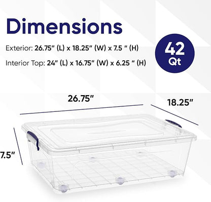 Superio Storage Bins with Lids- Clear Boxes for Organizing, Stackable Plastic Containers- BPA Free, Non-Toxic, Odor Free, Organizer for Home, Office, Dorm (8 Pack, 42 Qt (Under Bed-Wheeled))