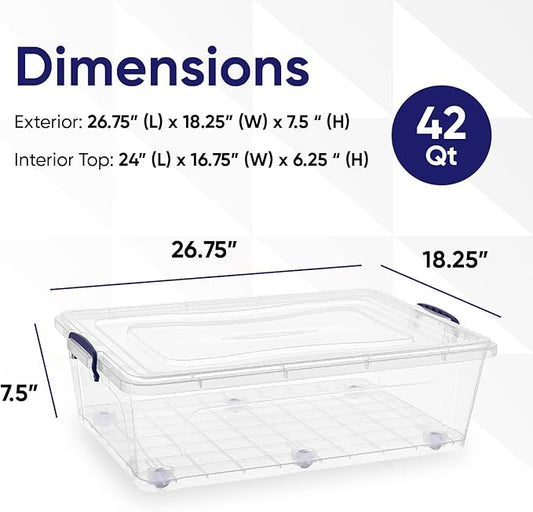 Superio Storage Bins with Lids- Clear Boxes for Organizing, Stackable Plastic Containers- BPA Free, Non-Toxic, Odor Free, Organizer for Home, Office, Dorm (6 Pack, 42 Qt (Under Bed-Wheeled))